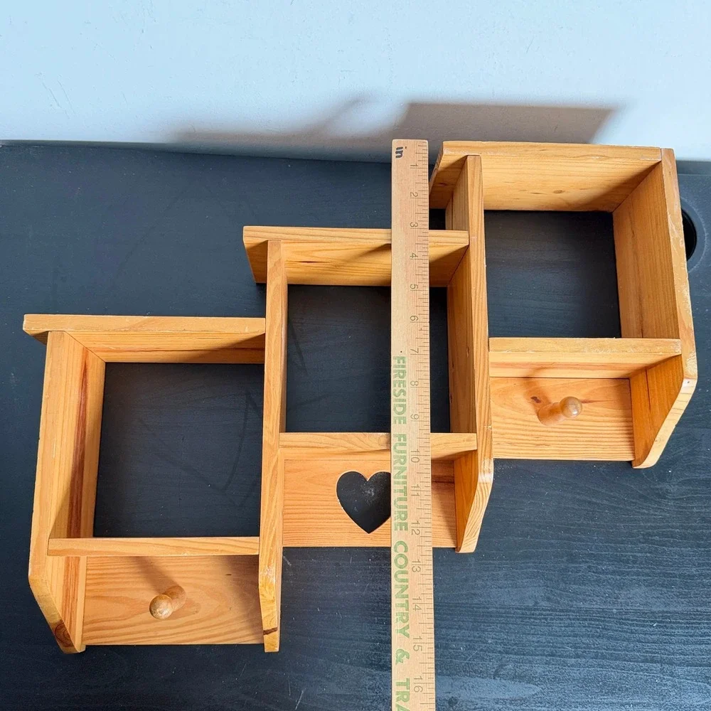 Vtg Pine Staggered Wall Shadow Box Shelf Heart Cutout 3 Tier Rustic Farmhouse